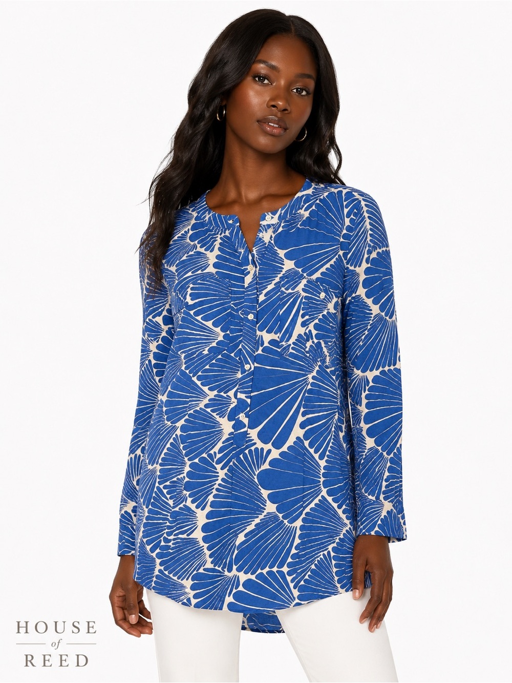 J.Crew Blue White Shell Print Tunic Top Medium Coastal Beachy Cotton
